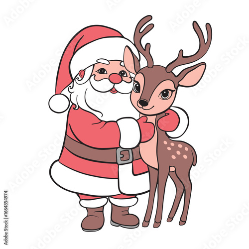 Cute cartoon Santa Claus hugging a friendly reindeer, festive Christmas illustration with transparent background, perfect for holiday cards, stickers, and decorations