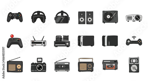 Collection of diverse electronic entertainment devices including gaming controllers, sound systems, and media players showcasing modern multimedia