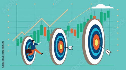 small target achievement as motivate to achieve bigger target or goal, strategies to inspire greater success, Businessman breakthrough small target archery as motivate to breakthrough bigger target