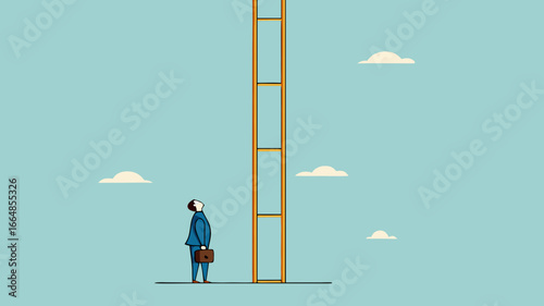 difficult step to take in business success with confused businessman thinking about climbing stairs with steps that are too far apart, taking too big a step concept illustration