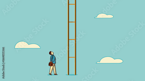 difficult step to take in business success with confused businessman thinking about climbing stairs with steps that are too far apart, taking too big a step concept illustration