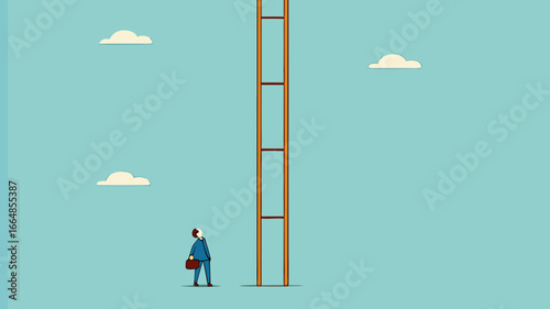 difficult step to take in business success with confused businessman thinking about climbing stairs with steps that are too far apart, taking too big a step concept illustration