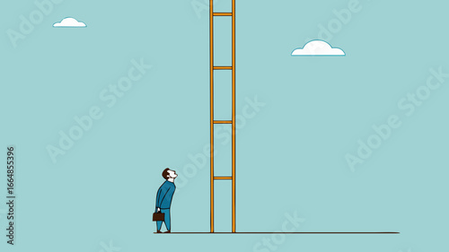 difficult step to take in business success with confused businessman thinking about climbing stairs with steps that are too far apart, taking too big a step concept illustration