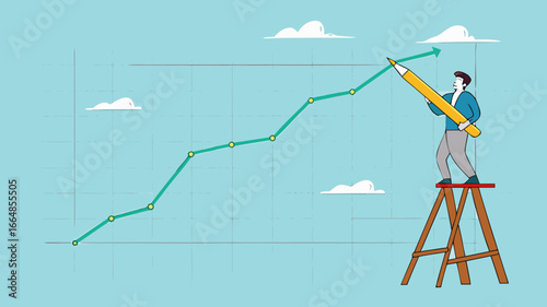 increase business performance followed by a lot of income, businessman climbing a ladder to make a financial growth graph using a pencil, Business goals as profit target achievement process