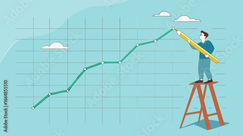 increase business performance followed by a lot of income, businessman climbing a ladder to make a financial growth graph using a pencil, Business goals as profit target achievement process