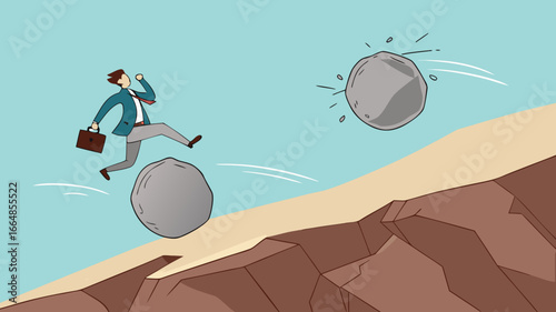 overcome obstacle on business growth for career success, leadership skill concept, effort or adversity for business growth, businessman jump over falling boulder to climb up hill of success