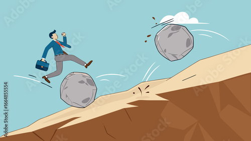 overcome obstacle on business growth for career success, leadership skill concept, effort or adversity for business growth, businessman jump over falling boulder to climb up hill of success