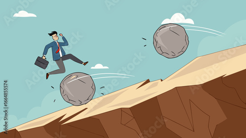 overcome obstacle on business growth for career success, leadership skill concept, effort or adversity for business growth, businessman jump over falling boulder to climb up hill of success