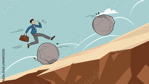 overcome obstacle on business growth for career success, leadership skill concept, effort or adversity for business growth, businessman jump over falling boulder to climb up hill of success