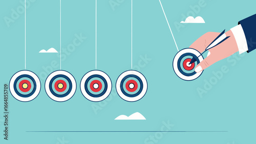 business target achievement as a milestone to achieve the next target, businessman pulling target board with bullseye arrow as e pendulum for milestone the next target