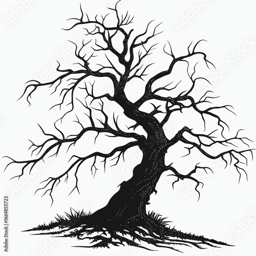 Silhouette of a bare tree with intricate branches and roots, evoking a spooky and eerie atmosphere ideal for halloween or gothic themes