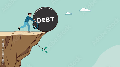 pay off business debt, reduce the burden of obligations, deficit or borrowing due, managing debt, responsibility to pay debtor, businessman pushes the debt burden ball into the canyon