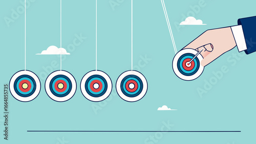 business target achievement as a milestone to achieve the next target, businessman pulling target board with bullseye arrow as e pendulum for milestone the next target