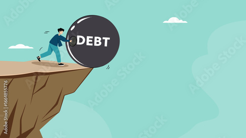 pay off business debt, reduce the burden of obligations, deficit or borrowing due, managing debt, responsibility to pay debtor, businessman pushes the debt burden ball into the canyon