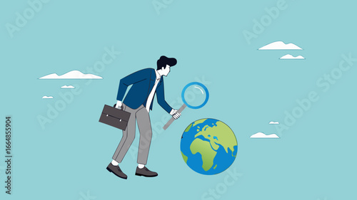 global economic analysis, world economic outlook, research for investment in various countries, Analyze job opportunities abroad, businessman with magnifying glass analyzing business in global economy