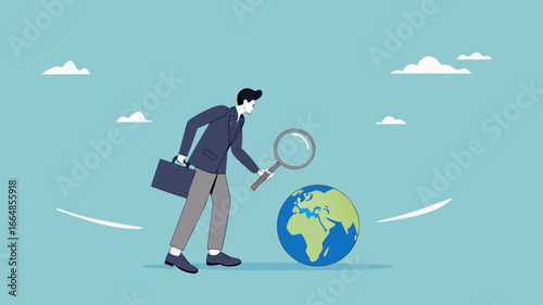 global economic analysis, world economic outlook, research for investment in various countries, Analyze job opportunities abroad, businessman with magnifying glass analyzing business in global economy
