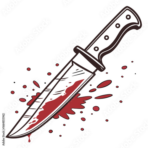 A bloody knife with blood splatters, symbolizing violence, crime, and danger, drawn in a vintage style with a sharp steel blade