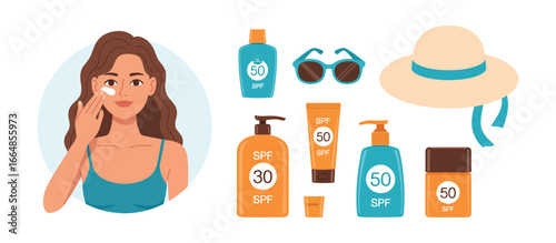 Illustration of a woman applying sunscreen on her face, surrounded by various sunscreen products, a straw hat, and sunglasses, promoting sun protection