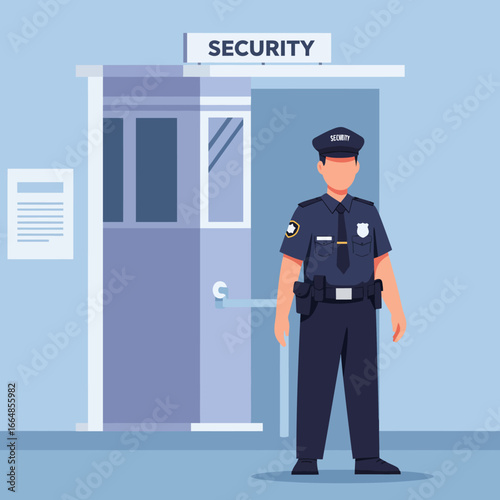 Security Guard in Uniform Standing Near Security Booth, Vector Illustration
