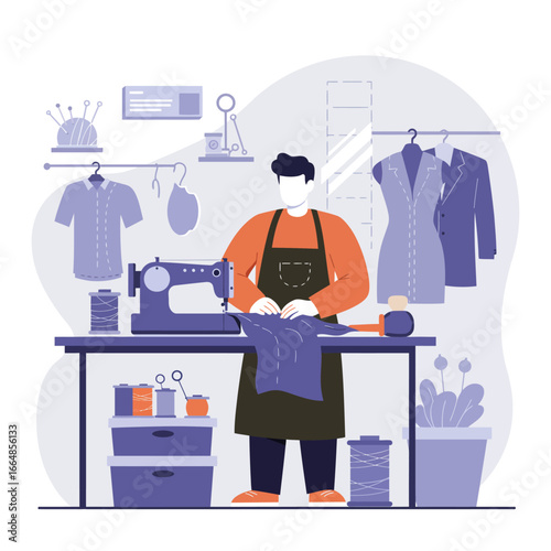 Tailor Working at Sewing Machine, Wearing Apron, Creating Garment