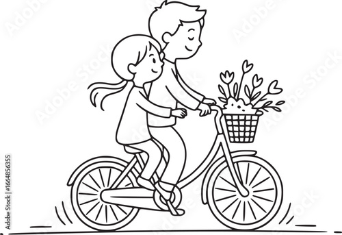 Cycling Together: A delightful monochrome illustration captures a boy and a girl joyfully cycling together, with flowers adorning the front basket.