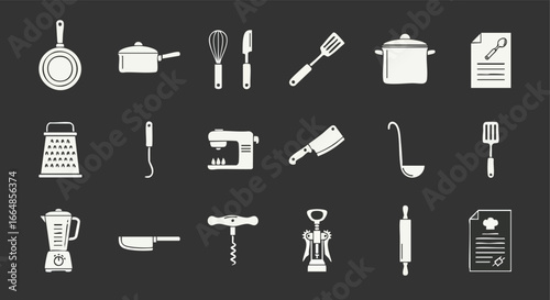 Collection of kitchen utensils and culinary tools icons for cooking and food preparation activities