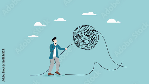 unravel complex problem, reduce business chaos problems by solving them gradually, businessman pulling messy strings to untangle problems concept vector illustration