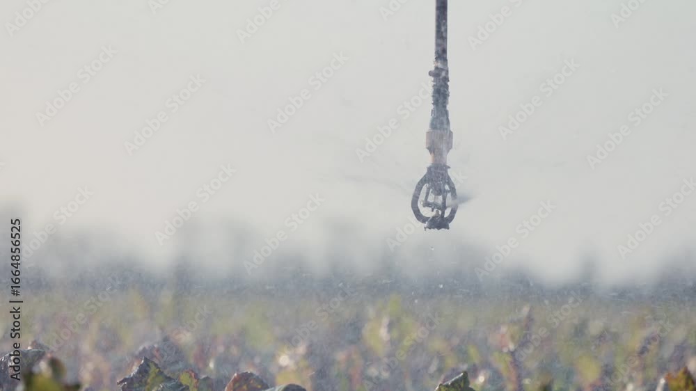 A sprinkler sprays water in close-up. Highly efficient irrigation system for agricultural fields in operation. Sprinkler irrigation in slow motion. Metal sprinkler head spraying irrigation water. A sprinkler sprays water in close-up. Highly efficient irrigation system for agricultural fields in operation. Sprinkler irrigation in slow motion. Metal sprinkler head spraying irrigation water.