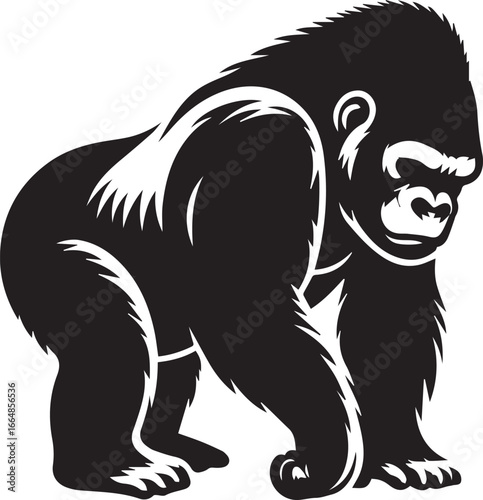 Gorilla Family Silhouette Vector – Black and White Wildlife Illustration of Parent and Baby Apes