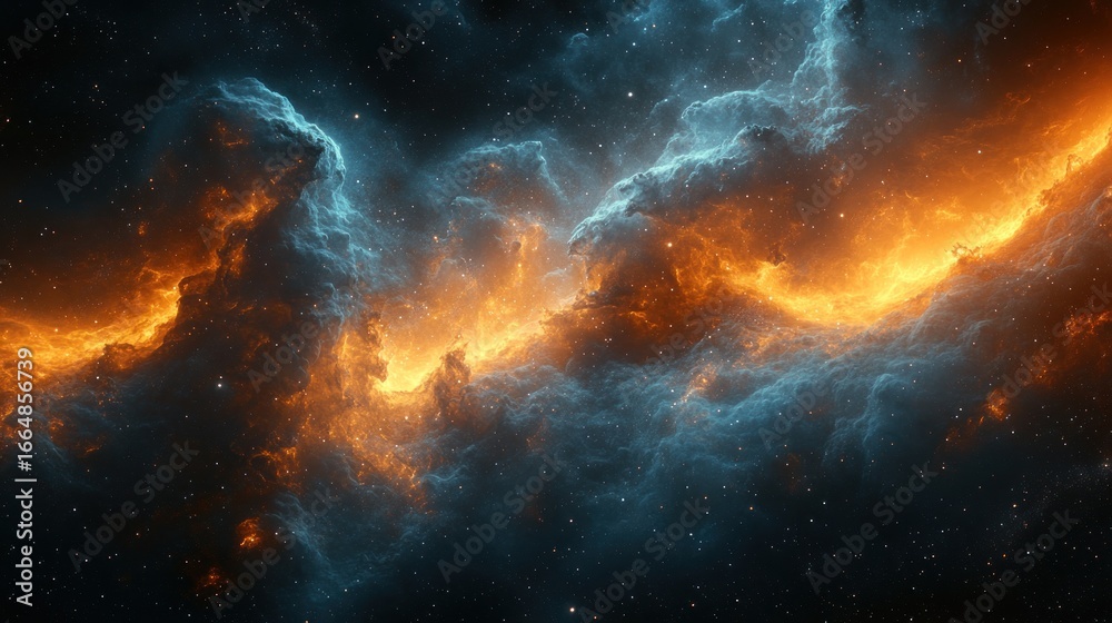 Fototapeta premium Colorful clouds of gas swirl in space, highlighted by brilliant orange and blue hues