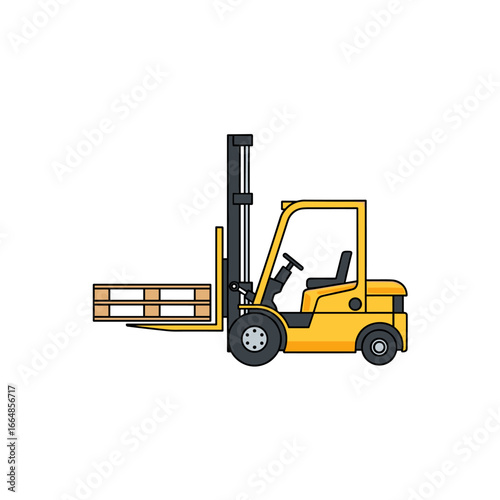 A bright yellow forklift truck carries a wooden pallet, showcasing industrial equipment in a clean, minimalist vector illustration style against a white background.