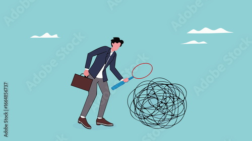 Analyze problems to find solutions or opportunities, look for the root cause of the problem, looking for the common thread of business problems, businessman examines messy lines with magnifying glass
