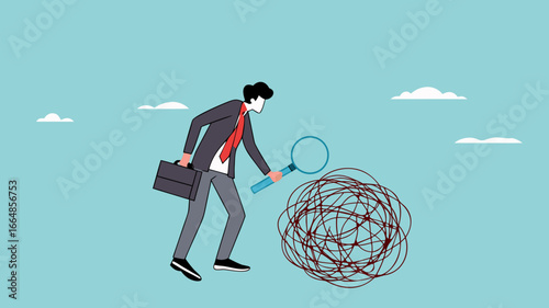 Analyze problems to find solutions or opportunities, look for the root cause of the problem, looking for the common thread of business problems, businessman examines messy lines with magnifying glass