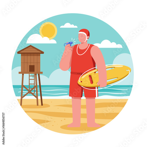 Vector Illustration of a Lifeguard Holding a Rescue Board on Beach