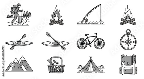 Outdoor recreation and camping essentials including hiking gear fishing supplies and mountain trekking gear