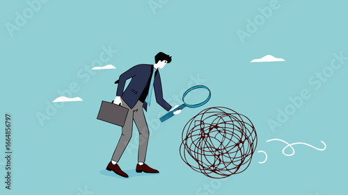Analyze problems to find solutions or opportunities, look for the root cause of the problem, looking for the common thread of business problems, businessman examines messy lines with magnifying glass