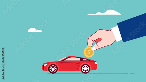 buy a car with installment, Car leasing or car loan, Businessman's hand puts gold coins into a new car concept vector illustration