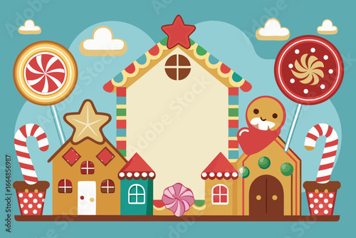 Christmas Candy House Vector Illustration with Sweet Lollipop Trees and Festive Frame