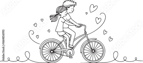Two on a Bicycle: A charming illustration depicts a couple riding a bicycle together, surrounded by floating hearts. This evokes a feeling of romance and togetherness. 