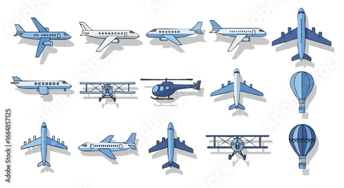 Collection of Various Aircraft Types Including Jets, Propeller Planes, and Balloons Depicting Diverse Aeronautical Designs and Styles in a Single