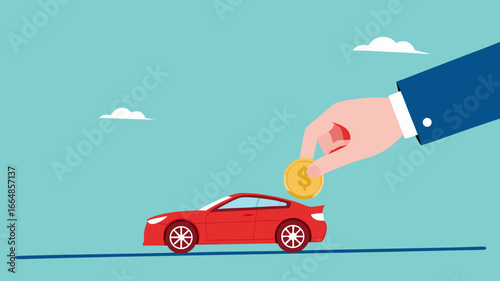 buy a car with installment, Car leasing or car loan, Businessman's hand puts gold coins into a new car concept vector illustration