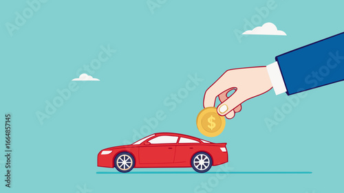 buy a car with installment, Car leasing or car loan, Businessman's hand puts gold coins into a new car concept vector illustration