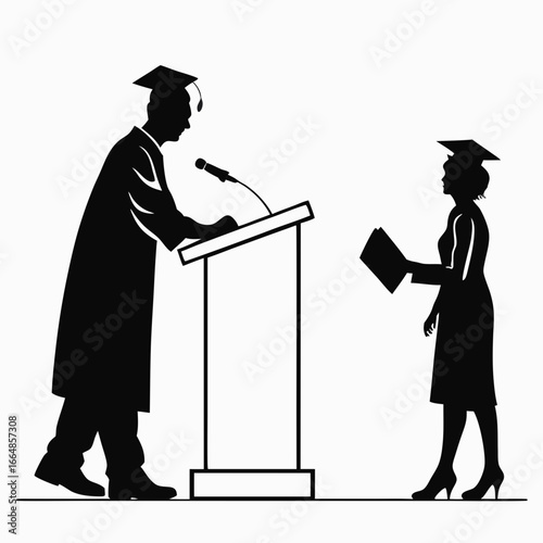 Silhouette of a graduate giving a speech at graduation ceremony and another graduate receiving a diploma