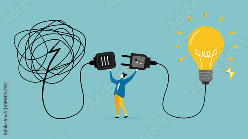 Problem Solving with creative idea solution, thought process to find a way out of a problem, problem and solution concept, businessman connect plug with light bulb idea to messy line of cable