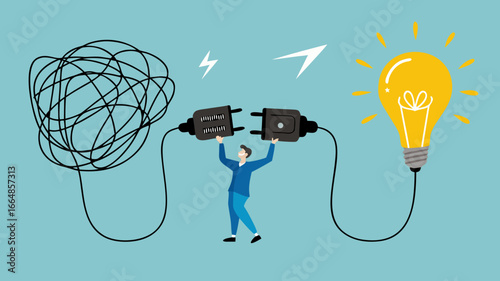 Problem Solving with creative idea solution, thought process to find a way out of a problem, problem and solution concept, businessman connect plug with light bulb idea to messy line of cable
