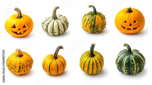 Set of halloween pumpkins in various poses on white background
