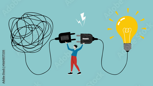 Problem Solving with creative idea solution, thought process to find a way out of a problem, problem and solution concept, businessman connect plug with light bulb idea to messy line of cable