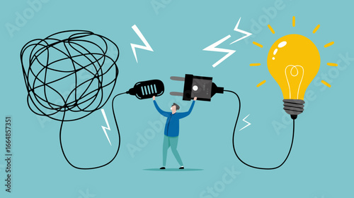 Problem Solving with creative idea solution, thought process to find a way out of a problem, problem and solution concept, businessman connect plug with light bulb idea to messy line of cable
