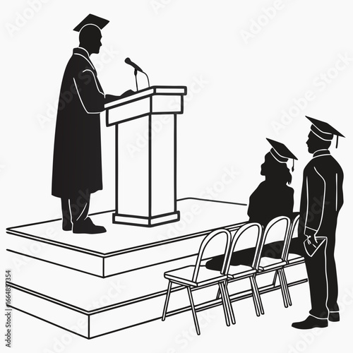 Silhouette of a graduate giving a speech at graduation ceremony with graduates in the audience