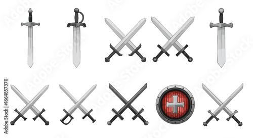 Assortment of medieval and fantasy weapons including swords shields and crossbows showcasing diverse armory designs for combat and protection in